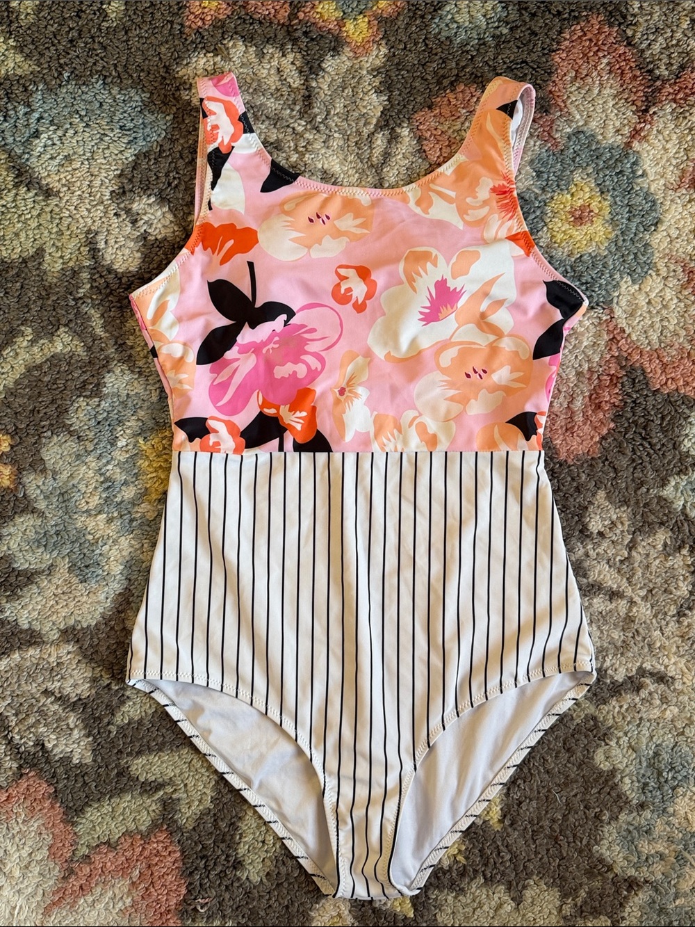 Floral Pink & Black-White Stripe One-Piece Swimsuit